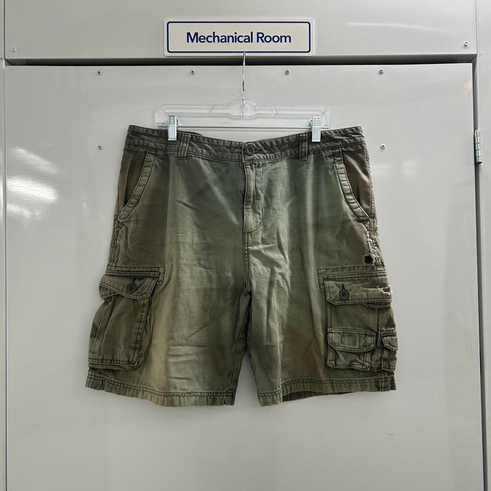 Distressed Magellan Cargo Shorts, Olive Green Faded Sun-Bleached